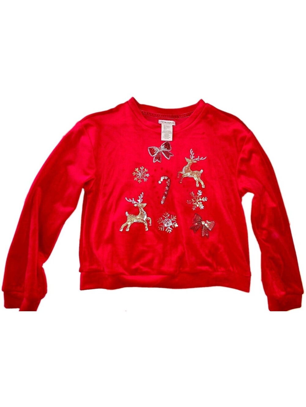 Cynthia Rowley Girls Red Velour Sequin Christmas Pullover Sweater 10-12